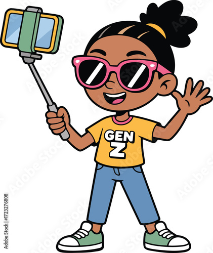 Generation Z Girl Character Self Portrait with Selfie Stick, Smiling, Waving Hello