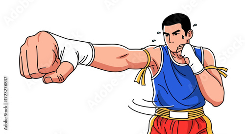 Illustration of determined Muay Thai fighter throwing a powerful punch