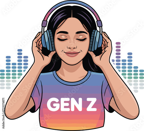 Generation Z Girl Enjoying Listening Music With Headphones Vector Illustration