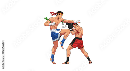 Illustration of two Muay Thai fighters in intense combat action sport