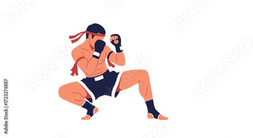 Illustration of Muay Thai fighter in traditional stance and red headband
