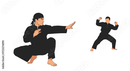 Illustrations showing martial artists performing stances on a white background