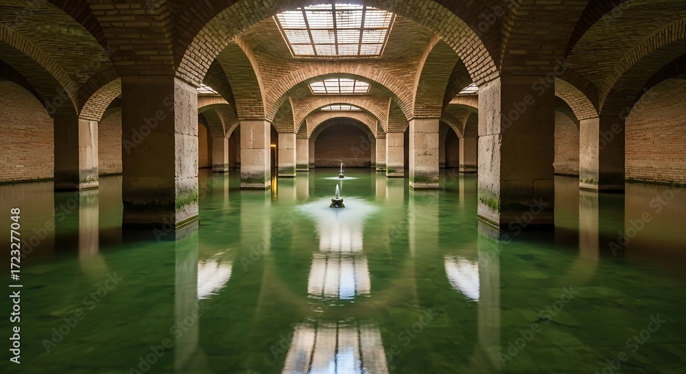 Fototapeta premium Mysterious underground water reservoir with arched ceilings and reflections.