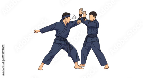 Intense martial arts exchange between two ninja practitioners illustrated
