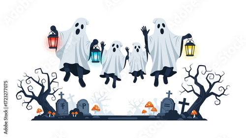 Halloween Ghost Gathering: Whimsical illustration of a family of cheerful ghosts, each draped in a classic white sheet, joyfully floating above a spooky graveyard scene with lanterns.
