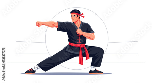 Kung fu martial artist in stance prepares to strike with focused power
