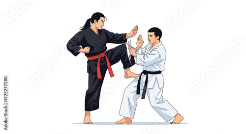 Martial Arts Sparring with Precise Kick and Block Techniques Illustration