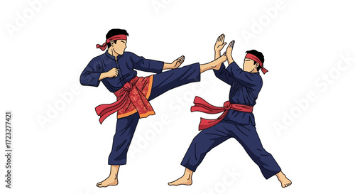 Pencak Silat masters training in a fighting stance showcasing agility and skill