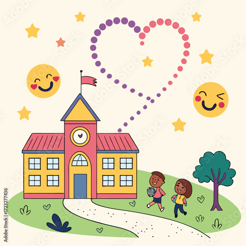 Whimsical illustration of diverse emojis engaging in magical activities casting spells and learning enchantments in a vibrant fantastical school setting