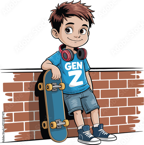 Hip Gen Z cartoon skater kid with skateboard transparent background