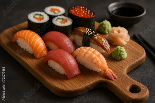 Assortiment de sushis japonais sur planche en bois
