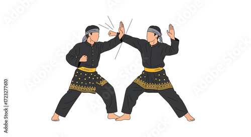 Two individuals practicing traditional Southeast Asian martial arts techniques