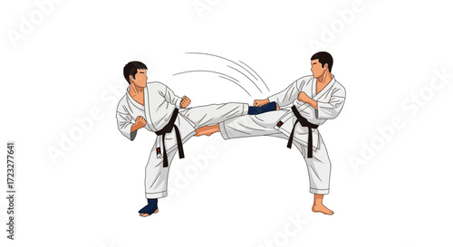 Two Karate Martial Arts Practitioners Sparring in a Classic White Gi Uniform