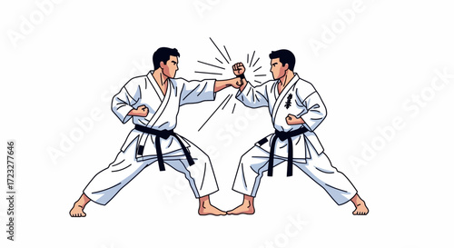 Two martial artists in action illustration, striking each other with energy