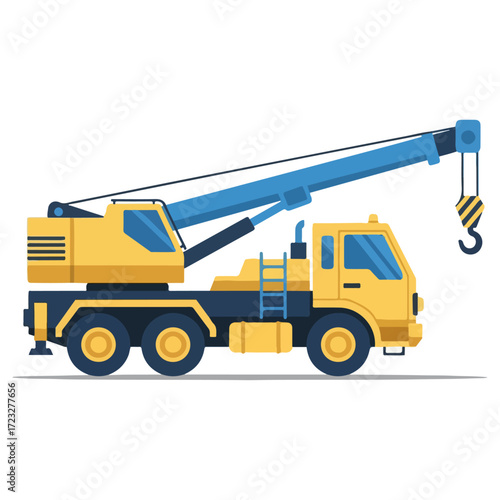 Yellow mobile crane truck with a blue telescopic boom.