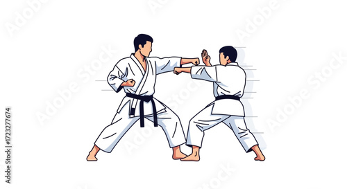 Two karate practitioners demonstrating punching techniques with concentration