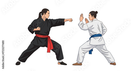 Two martial artists in action, engaging in a training session or demonstration