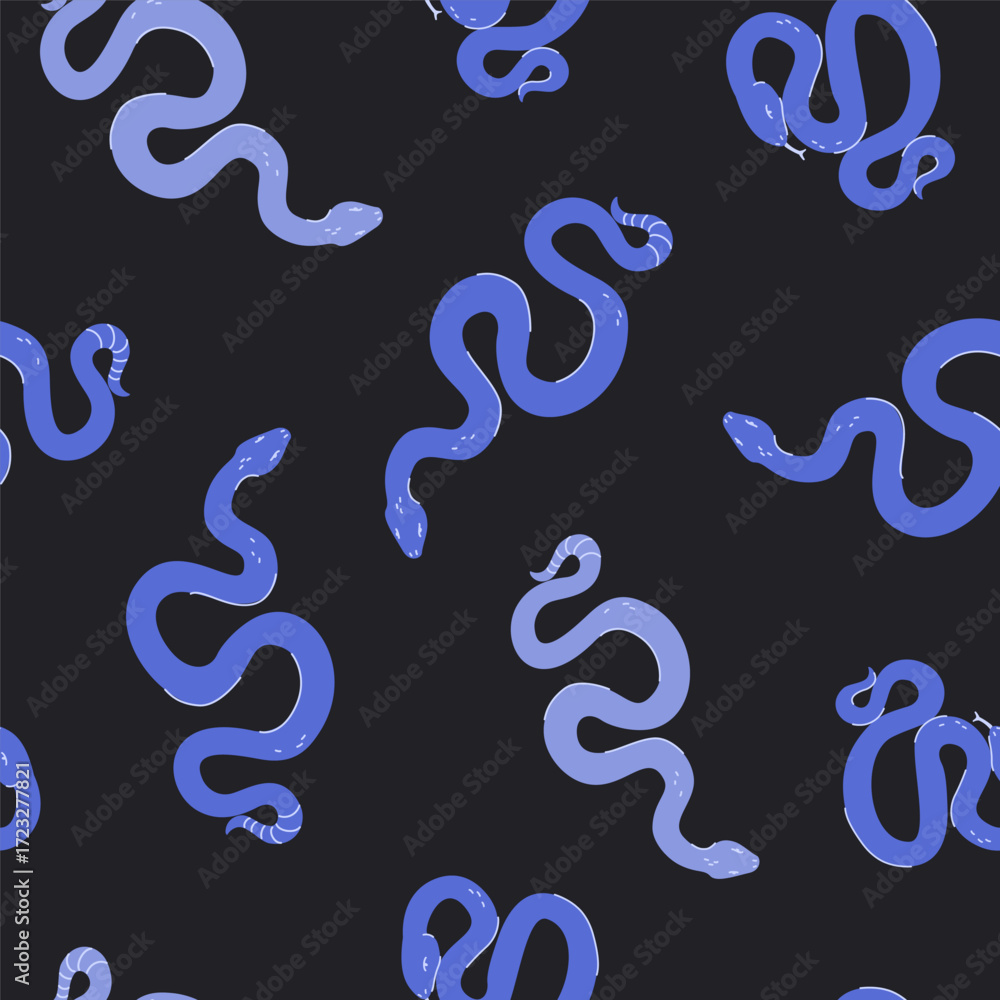 Obraz premium Cartoon funny colorful snakes seamless pattern. Animal print background. Halloween creepy spooky vector illustration. Mystic Boho concept for textile fabric design in modern fashion style