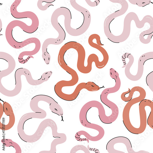 Cartoon funny colorful snakes seamless pattern. Animal print background. Halloween creepy spooky vector illustration. Mystic Boho concept for textile fabric design in modern fashion style