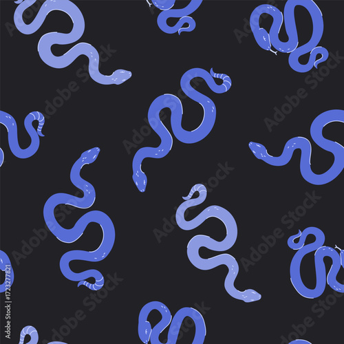 Cartoon funny colorful snakes seamless pattern. Animal print background. Halloween creepy spooky vector illustration. Mystic Boho concept for textile fabric design in modern fashion style