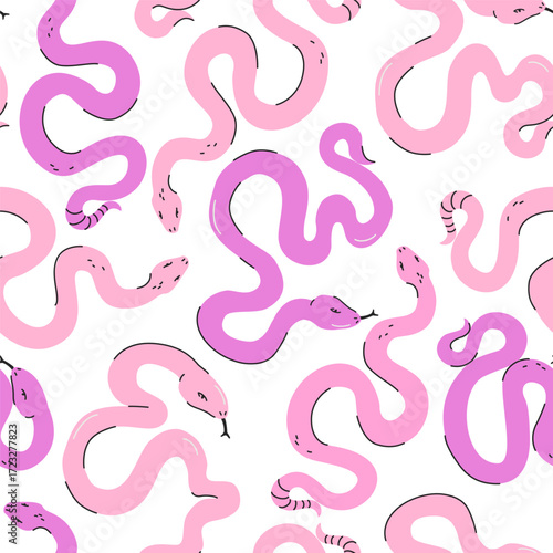 Cartoon funny colorful snakes seamless pattern. Animal print background. Halloween creepy spooky vector illustration. Mystic Boho concept for textile fabric design in modern fashion style