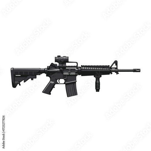 black assault rifle with optic sight and accessories.