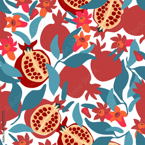 Abstract pomegranate seamless pattern. Fresh organic fruits, blooming flowers on branch background. Vector illustration for kitchen wallpaper, health care products, fabric, textile design
