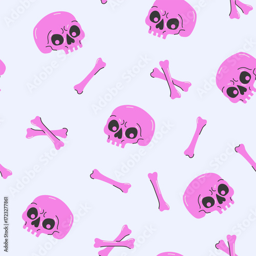 Cartoon funny skulls with colorful bones, crossbones seamless pattern. Skull and bone background. Vector illustration. Spooky creepy Halloween concept for textile fabric design in modern fashion style