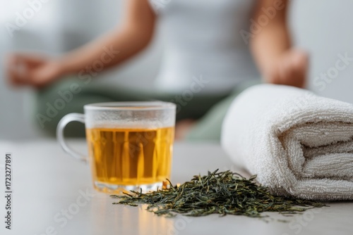 Mindful Meditation with Green Tea and Towel for Relaxation.
