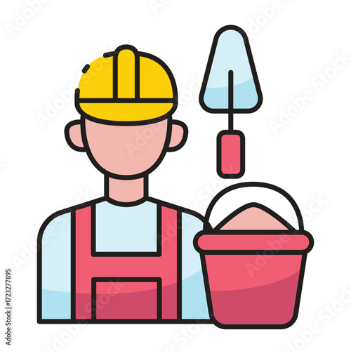 Construction worker with trowel and bucket of materials