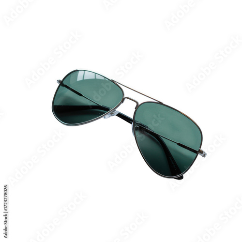 Silver framed aviator sunglasses with green lenses on a transparent background eyewear accessory