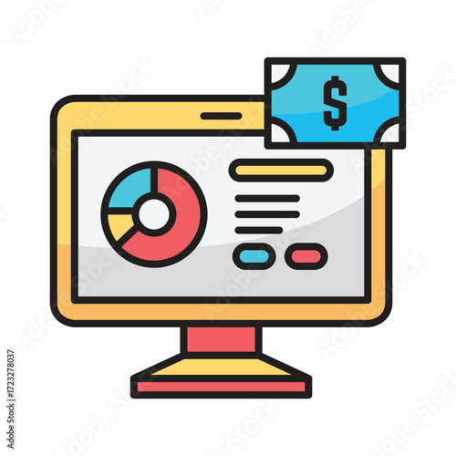 Computer monitor displaying financial data and a banknote
