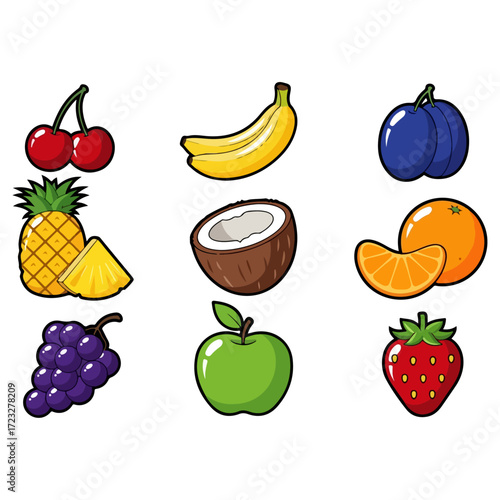 Collection of nine colorful cartoon fruits arranged in a grid.