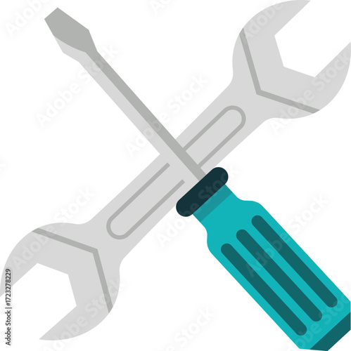 Crossed silver wrench and flathead screwdriver with teal handle tools repair