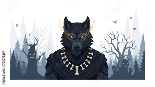 Mystical Wolf Spirit: A majestic wolf spirit, with eyes ablaze, stands sentinel in a mystical forest, his formidable presence enhanced by an ethereal glow and a haunting aesthetic.