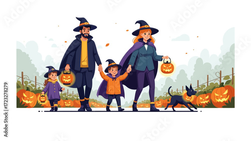 Halloween Family Fun: A family embraces the enchanting spirit of Halloween, donning witch attire and carrying Jack-o'-lanterns as they embark on a festive adventure.