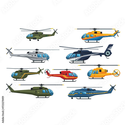 Collection of various helicopters, including military, rescue, and passenger models, in different colors and designs.