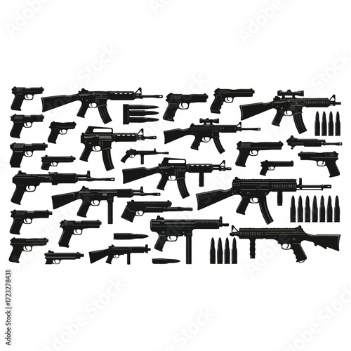 Collection of various firearms and ammunition.