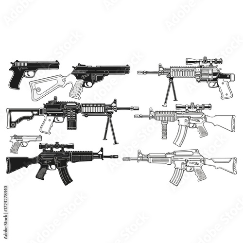 Collection of various firearms including pistols and rifles in a detailed illustration.