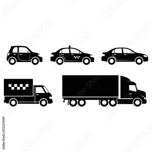 Collection of vehicle icons including cars and trucks.