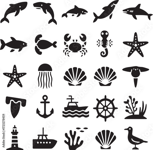 Collection of marine life and nautical icons in silhouette