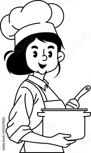 Charming chef illustration in black and white showcasing culinary arts and kitchen skills