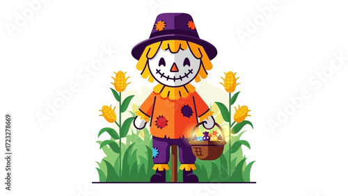 Animated Scarecrow in Harvest Field: A cheerful scarecrow stands amidst lush, green grass in a colorful harvest field, holding a basket of festive goodies. Perfect for illustrating themes of autumn.
