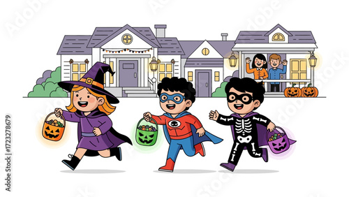 Halloween Trick-or-Treating Adventure: Three young, costumed children gleefully embark on a Halloween trick-or-treating adventure, carrying pumpkin-shaped candy pails.