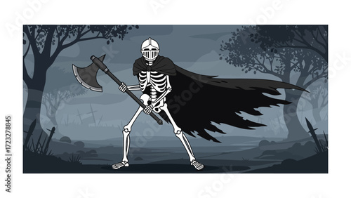 Grim Guardian of the Forest: A skeletal figure clad in a cloak and helm, wielding an axe, stands guard within a shadowed woodland scene, evoking an atmosphere of mystery and gothic allure.