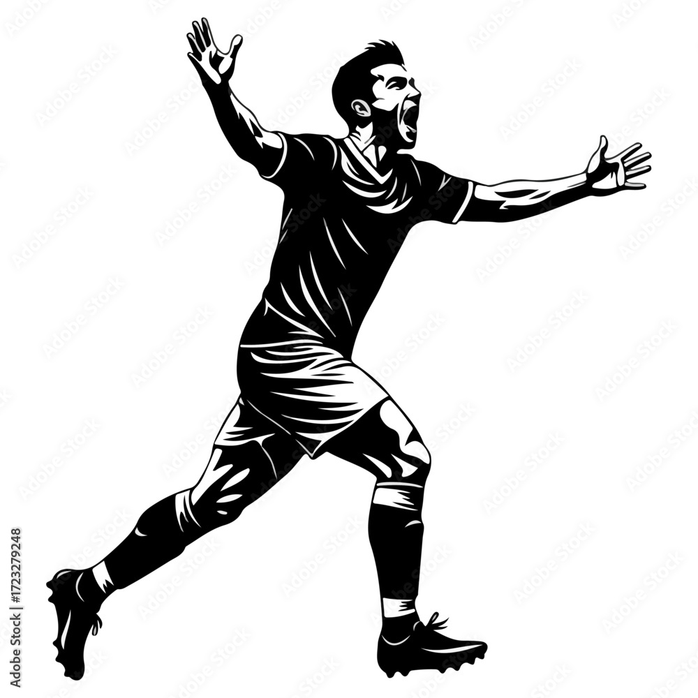 Obraz premium Dynamic Soccer Player Celebrating Goal in Black and White.