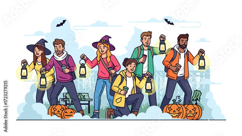 Halloween Lanterns: Friends dressed in Halloween attire joyfully hold up glowing lanterns, illuminating their faces against the dark night sky.