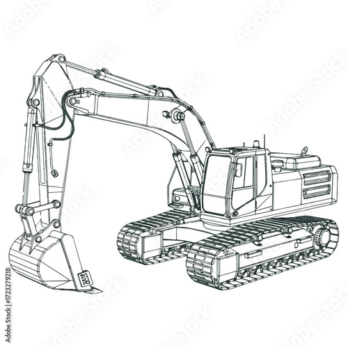 Excavator Line Art - Detailed Construction Vehicle Illustration.