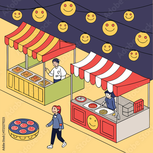 Vibrant night market scene illuminated by a multitude of cheerful emoji lanterns creating a festive and whimsical atmosphere for celebrations and cultural events