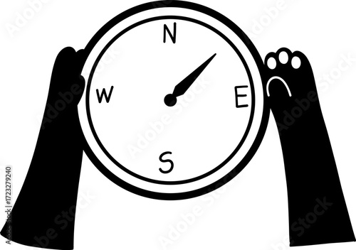Black and white cartoon of a compass held by two paws